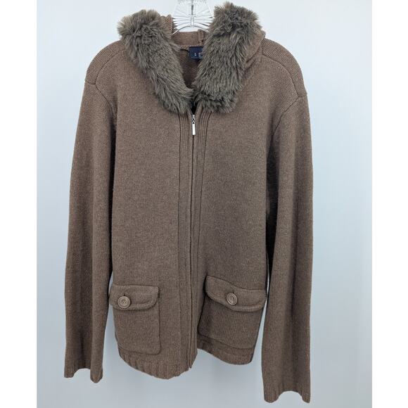 Crazy Horse Womens Hooded Sweater Full Zip Cardigan Faux Fur Trim Lambs Wool XL - Picture 2 of 5